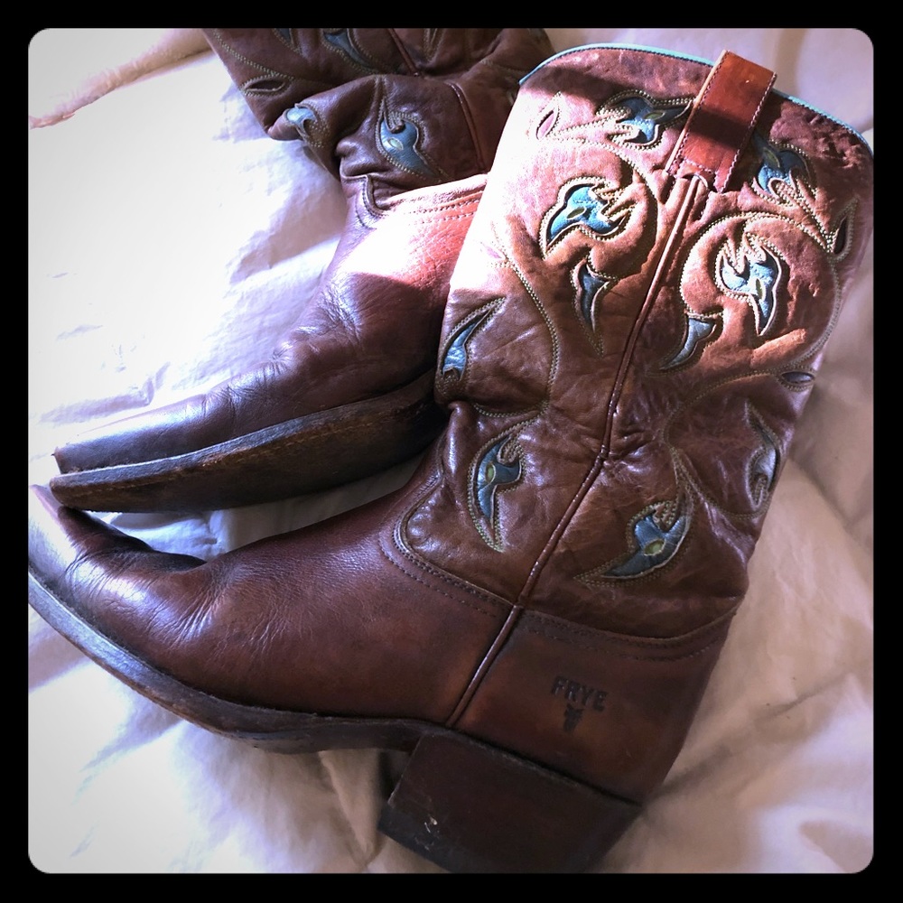 Frye boots with teal flower work